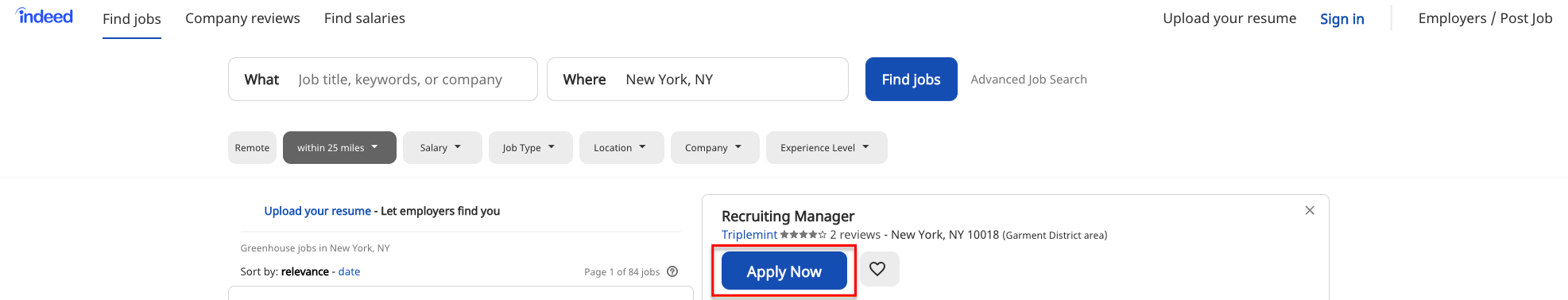 Job post on Indeed.com